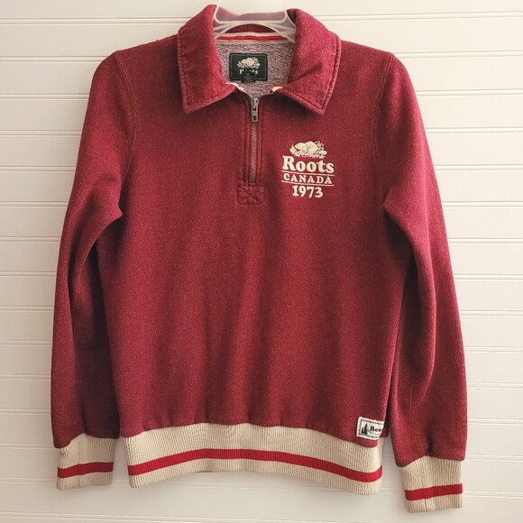 Roots Womens Quarter Zip Sweatshirt Medium Red Speckled Embroidered Logo Cuffs - Picture 1 of 12